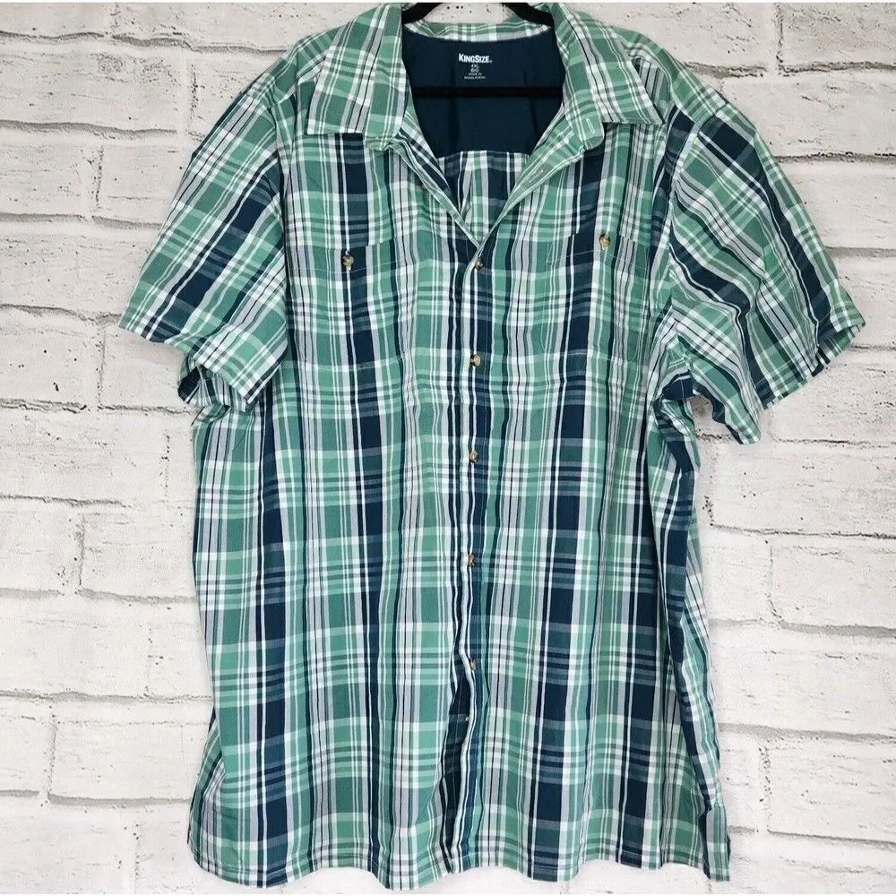 KingSize Big And Tall Short Sleeve Button Up Plaid Mens 4xl Green Casual Shirt